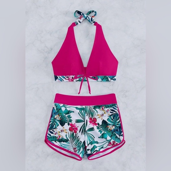 MakeMeChic Women's Halter Top Floral Swim Shorts‎ Bikini Set 2 Piece Swimsuit XL - Picture 3 of 10